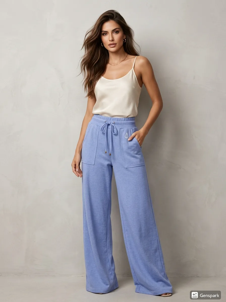 Calça pantalona azul com regata de cetim