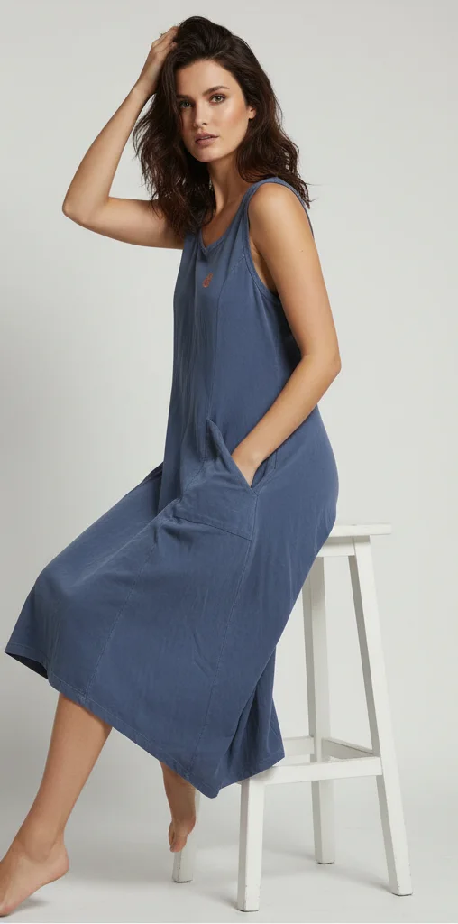 Vestido azul estonado com bolsos, sentada em banqueta