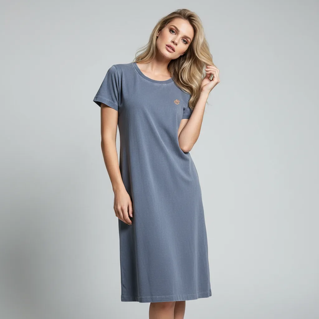 Vestido de malha azul com a pitanga bordada